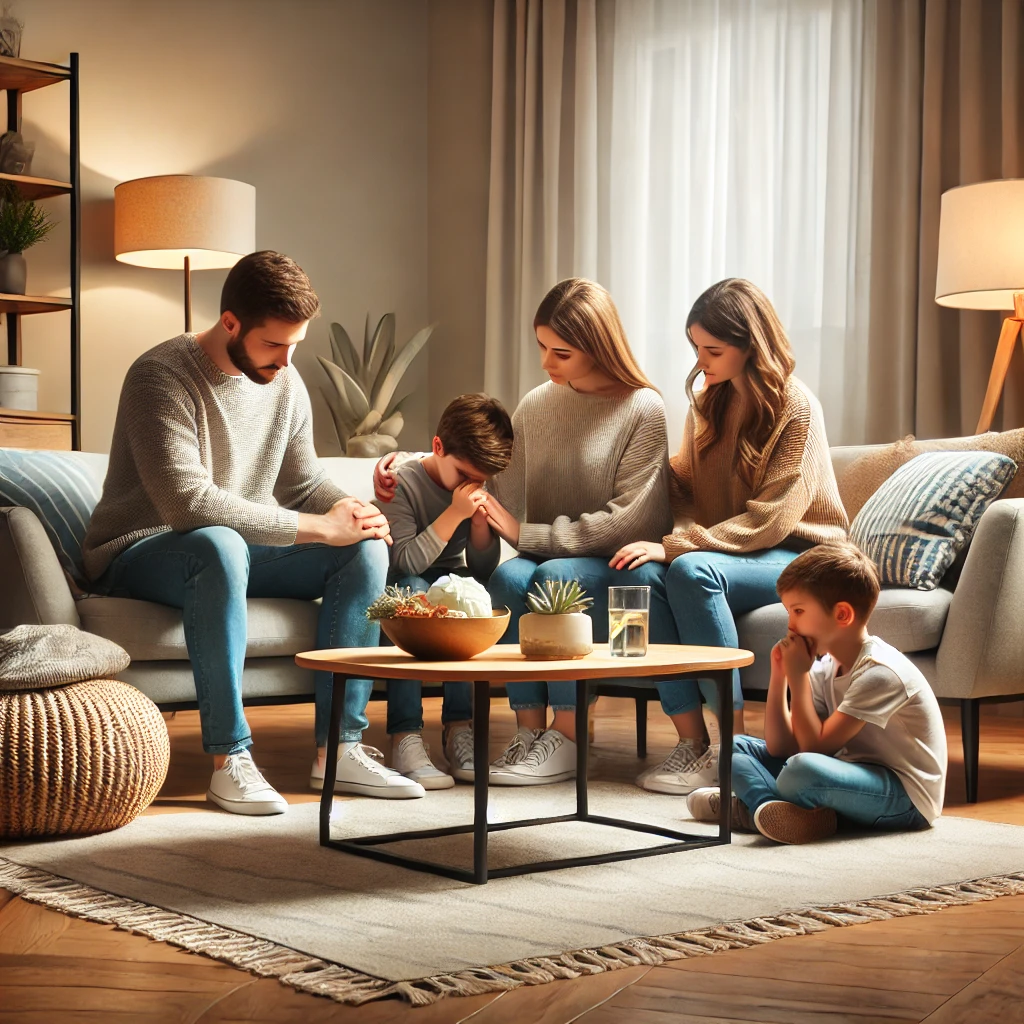 Uma família em um ambiente aconchegante, simbolizando união e suporte durante a recuperação de dependência química.