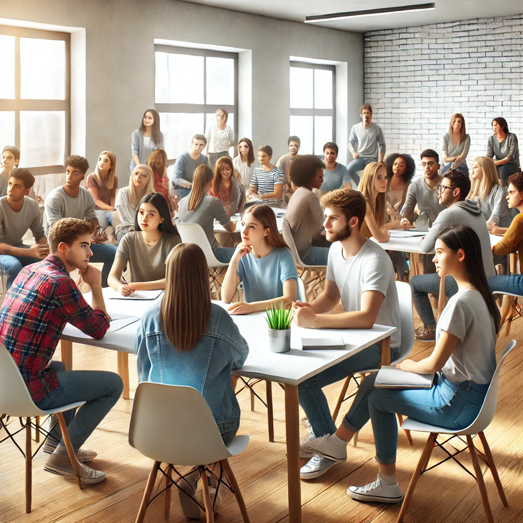 Um grupo diversificado de jovens adultos e adolescentes participando de um workshop ou discussão comunitária em um ambiente de sala de aula moderna.