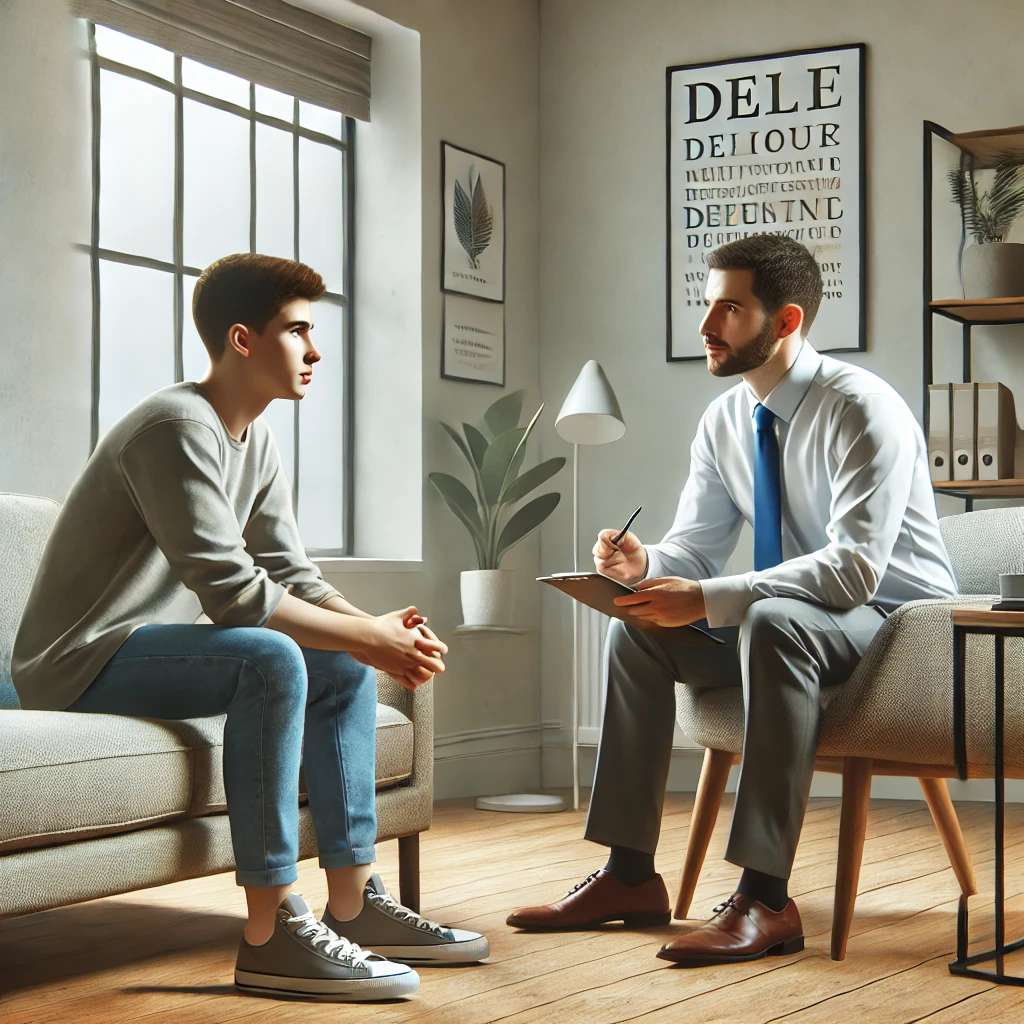 Terapeuta em uma conversa de apoio com um jovem adulto em um ambiente de clínica moderna