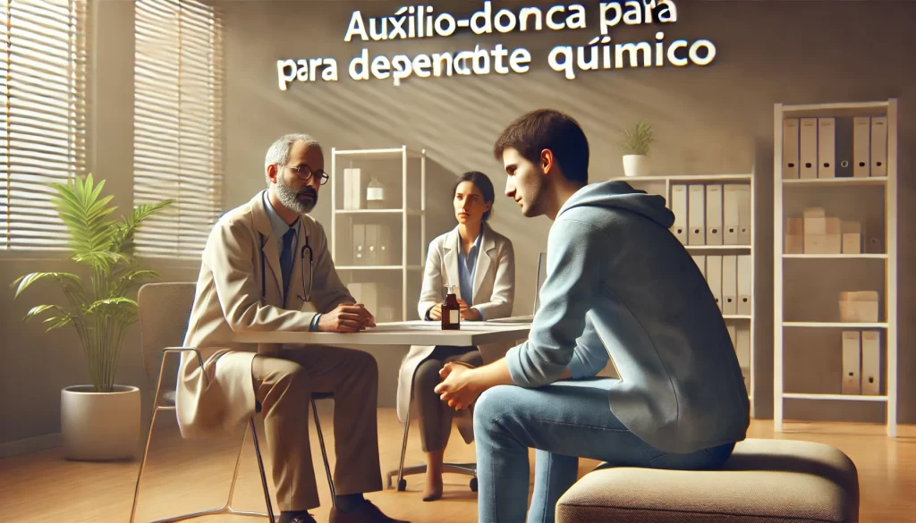 Um assistente social orientando um dependente químico sobre seus direitos ao auxílio-doença, em um ambiente profissional.